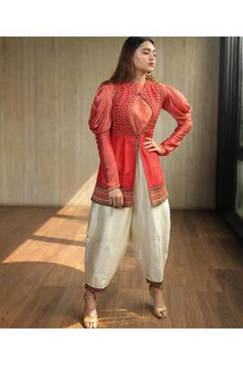 Pink Embroidered Keyhole Jacket With Cowl Sleeves Top And Silk Pants 1