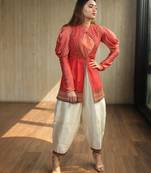 Pink Embroidered Keyhole Jacket With Cowl Sleeves Top And Silk Pants