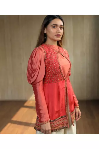 Pink Embroidered Keyhole Jacket With Cowl Sleeves Top And Silk Pants