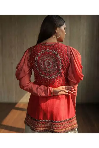 Pink Embroidered Keyhole Jacket With Cowl Sleeves Top And Silk Pants