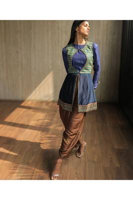 Blue Embroidered Keyhole Jacket With Cowl Sleeves Top And Silk Pants 1