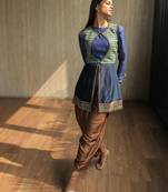 Blue Embroidered Keyhole Jacket With Cowl Sleeves Top And Silk Pants