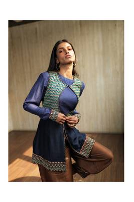Blue Embroidered Keyhole Jacket With Cowl Sleeves Top And Silk Pants 2