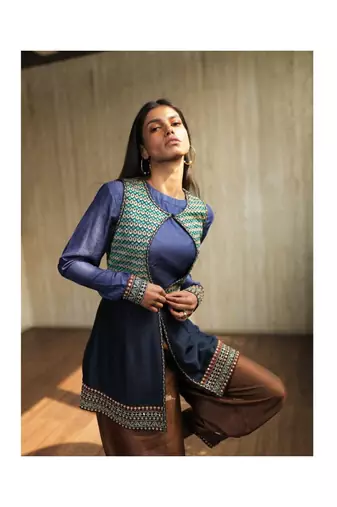 Blue Embroidered Keyhole Jacket With Cowl Sleeves Top And Silk Pants