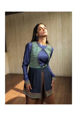 Blue Embroidered Keyhole Jacket With Cowl Sleeves Top And Silk Pants 3