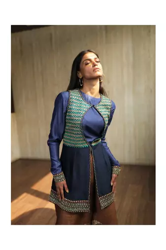 Blue Embroidered Keyhole Jacket With Cowl Sleeves Top And Silk Pants