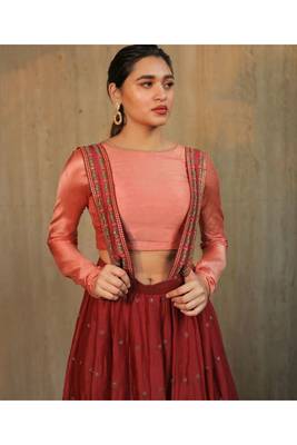 Maroon Suspender Skirt Set With Pink Crop Top 3