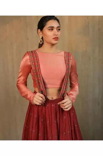Maroon Suspender Skirt Set With Pink Crop Top