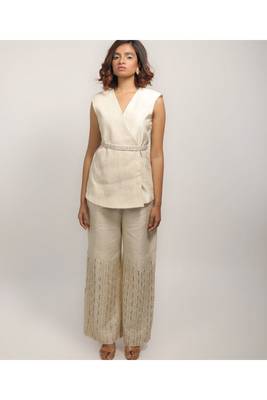 White Corded Blazer With Embroidered Pants And Belt. 1