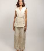 White Corded Blazer With Embroidered Pants And Belt.