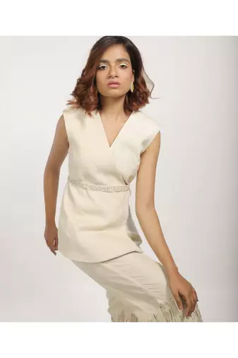White Corded Blazer With Embroidered Pants And Belt.