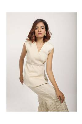 White Corded Blazer With Embroidered Pants And Belt. 3