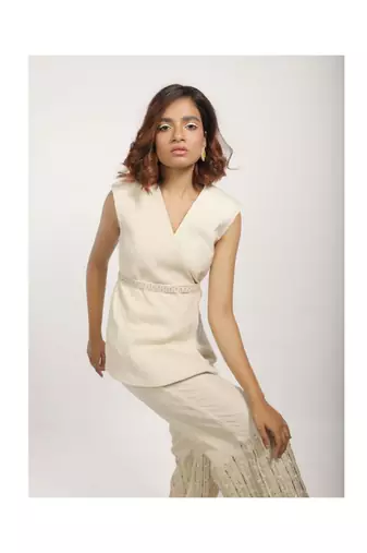 White Corded Blazer With Embroidered Pants And Belt.
