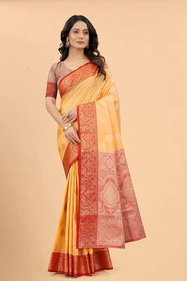 Women'S Woven Self Design Cotton Katan Silk Saree With Unstich Blouse Piece   1