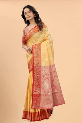 Women'S Woven Self Design Cotton Katan Silk Saree With Unstich Blouse Piece   2