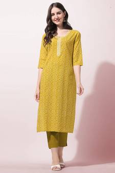 Mustard Floral Printed Thread Embroidery Cotton Kurta