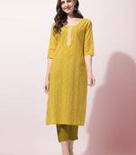 Mustard Floral Printed Thread Embroidery Cotton Kurta