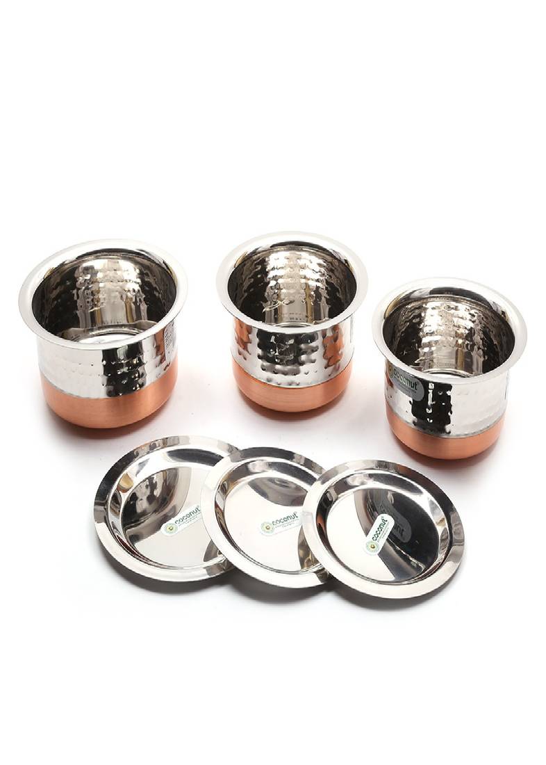 Coconut Stainless Steel Hammered Copper Bottom Tope/Patila with SS Lid for cooking (400, 500, 700 and 800 ml) - Set of 4