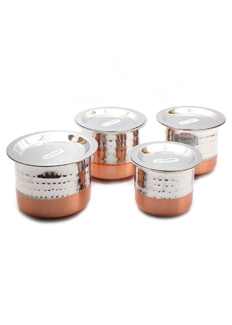 Coconut Stainless Steel Hammered Copper Bottom Tope/Patila with SS Lid for cooking (400, 500, 700 and 800 ml) - Set of 4