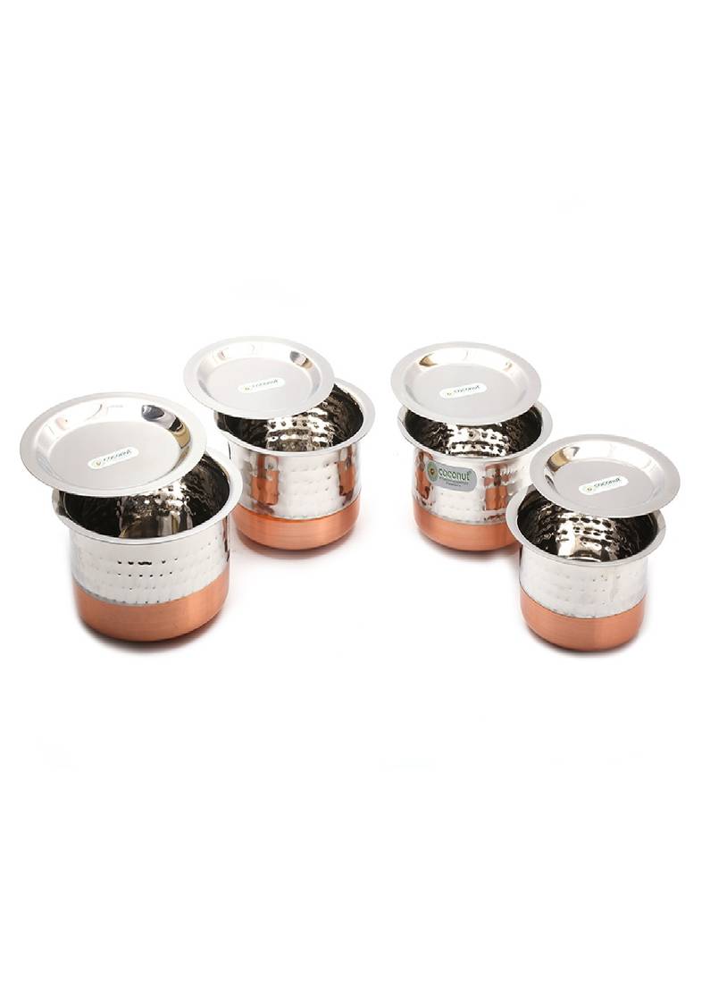 Coconut Stainless Steel Hammered Copper Bottom Tope/Patila with SS Lid for cooking (400, 500, 700 and 800 ml) - Set of 4