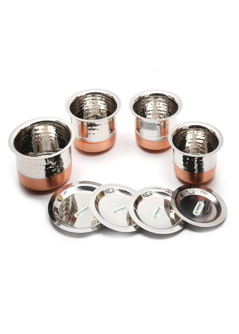 Coconut Stainless Steel Hammered Copper Bottom Tope/Patila with SS Lid for cooking (400, 500, 700 and 800 ml) - Set of 4