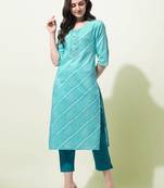 Turquoise Laheriya Printed Silver Zari Work Cotton Kurta
