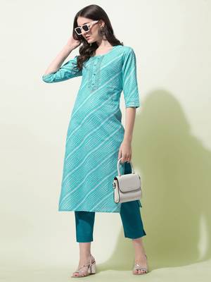 Turquoise Laheriya Printed Silver Zari Work Cotton Kurta 2