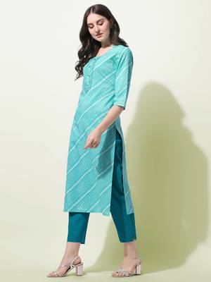 Turquoise Laheriya Printed Silver Zari Work Cotton Kurta 3