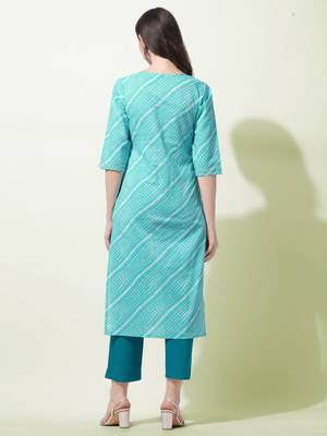 Turquoise Laheriya Printed Silver Zari Work Cotton Kurta 4