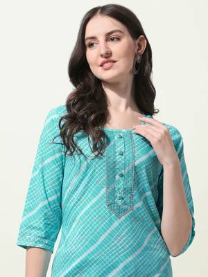 Turquoise Laheriya Printed Silver Zari Work Cotton Kurta 5