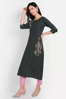 4u Fashion Green Striped cotton straight kurta