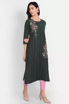 4u Fashion Green Striped cotton straight kurta