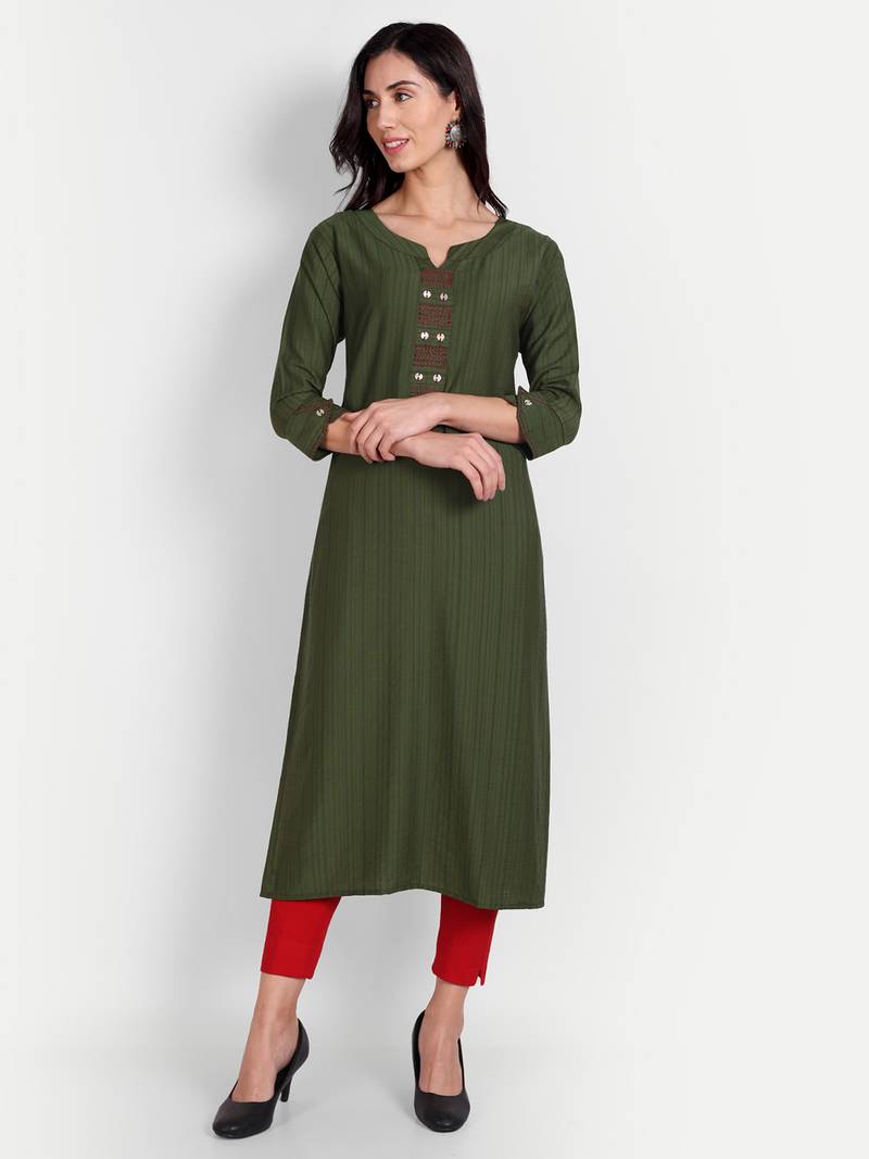4u Fashion Green cotton viscose self design straight kurta