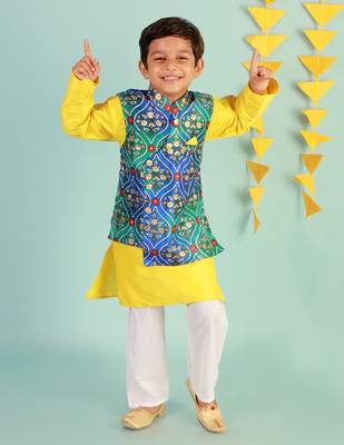 KId1 Festive Kurta Pyjama with digi print Jacket - Blue/Yellow 1