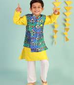 KId1 Festive Kurta Pyjama with digi print Jacket - Blue/Yellow