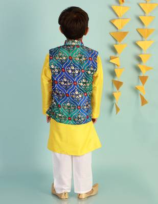 KId1 Festive Kurta Pyjama with digi print Jacket - Blue/Yellow 2