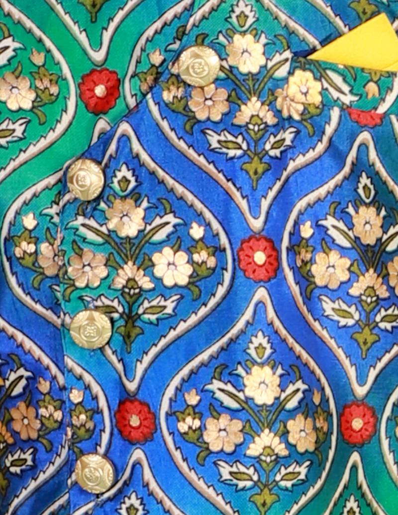 KId1 Festive Kurta Pyjama with digi print Jacket - Blue/Yellow