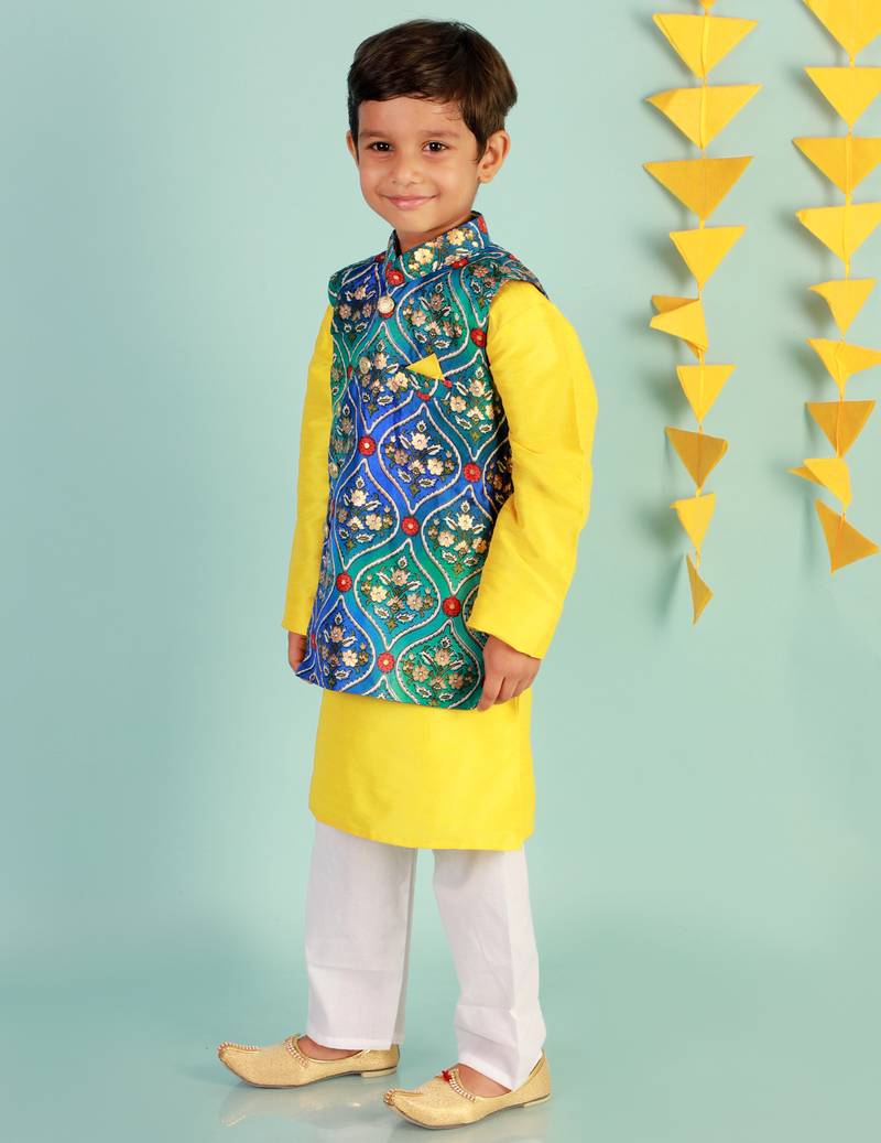 KId1 Festive Kurta Pyjama with digi print Jacket - Blue/Yellow