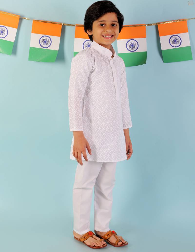 KID1 White chikan work kurta pyjama