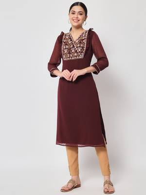 ARDITA Women wine Chiffon Embroidered kurti with Ruffle Detailing 1