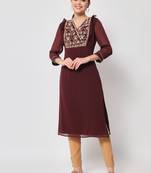 ARDITA Women wine Chiffon Embroidered kurti with Ruffle Detailing