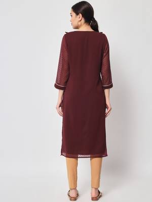 ARDITA Women wine Chiffon Embroidered kurti with Ruffle Detailing 2