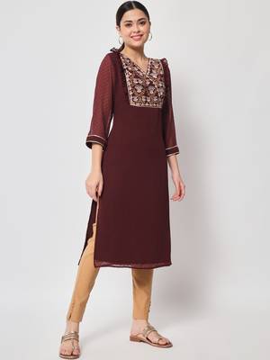 ARDITA Women wine Chiffon Embroidered kurti with Ruffle Detailing 3