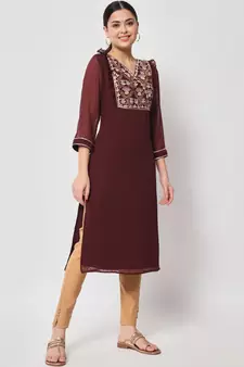 ARDITA Women wine Chiffon Embroidered kurti with Ruffle Detailing