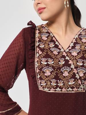 ARDITA Women wine Chiffon Embroidered kurti with Ruffle Detailing 4