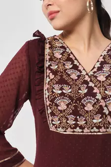 ARDITA Women wine Chiffon Embroidered kurti with Ruffle Detailing