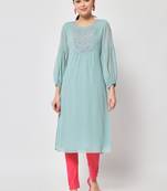 ARDITA Women Mint Chiffon Embroidered Kurti