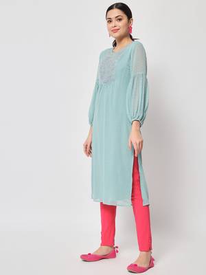 ARDITA Women Mint Chiffon Embroidered Kurti 3