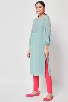 ARDITA Women Mint Chiffon Embroidered Kurti
