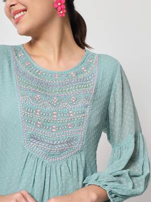 ARDITA Women Mint Chiffon Embroidered Kurti 4